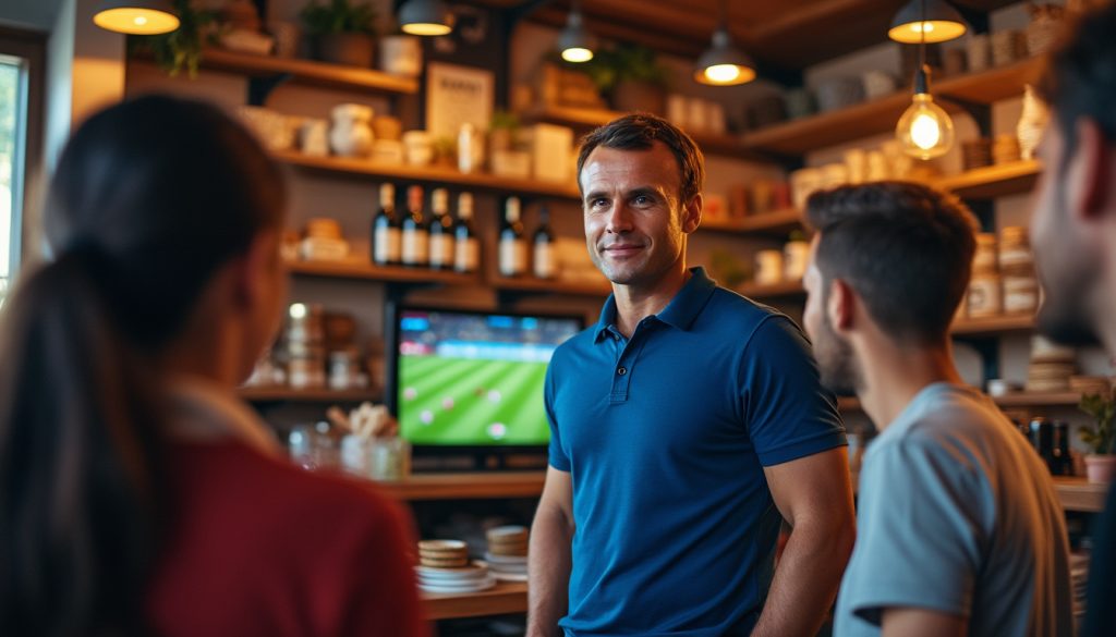 découvrez la visite informelle d'emmanuel macron en haute-savoie, vêtu d'un polo bleu, partageant une soirée improvisée autour du mondial de football dans une boutique locale.
