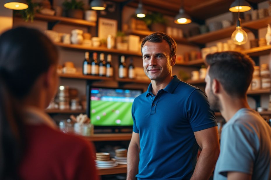 découvrez la visite informelle d'emmanuel macron en haute-savoie, vêtu d'un polo bleu, partageant une soirée improvisée autour du mondial de football dans une boutique locale.