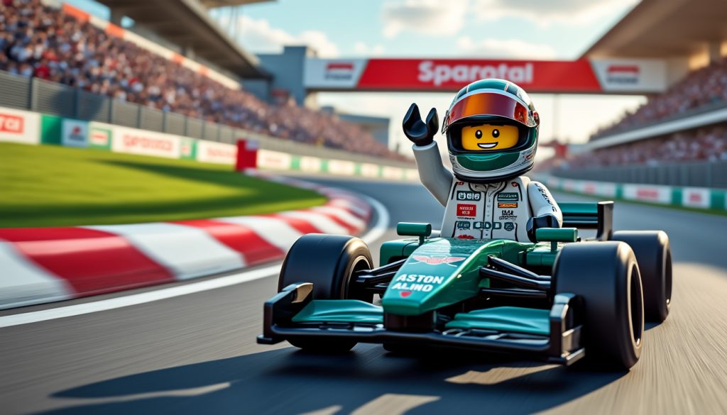 découvrez le triomphe spectaculaire de fernando alonso à silverstone au volant de son aston martin, cette fois en version lego, alliant passion de la formule 1 et créativité.